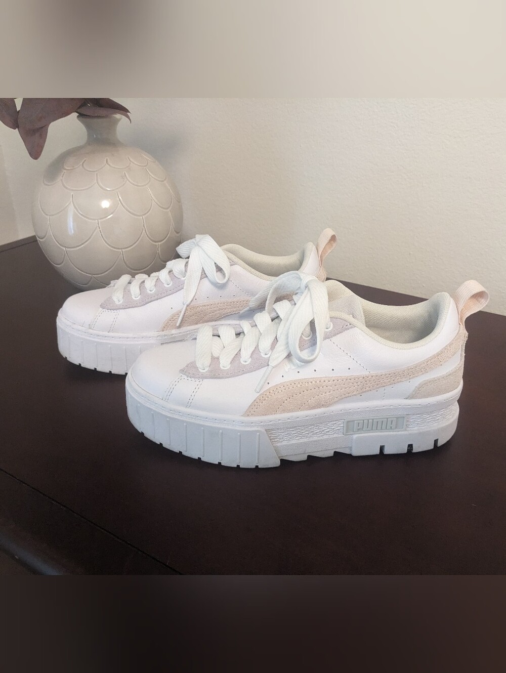 Puma Mayze White and Light Pink Platform Sneakers